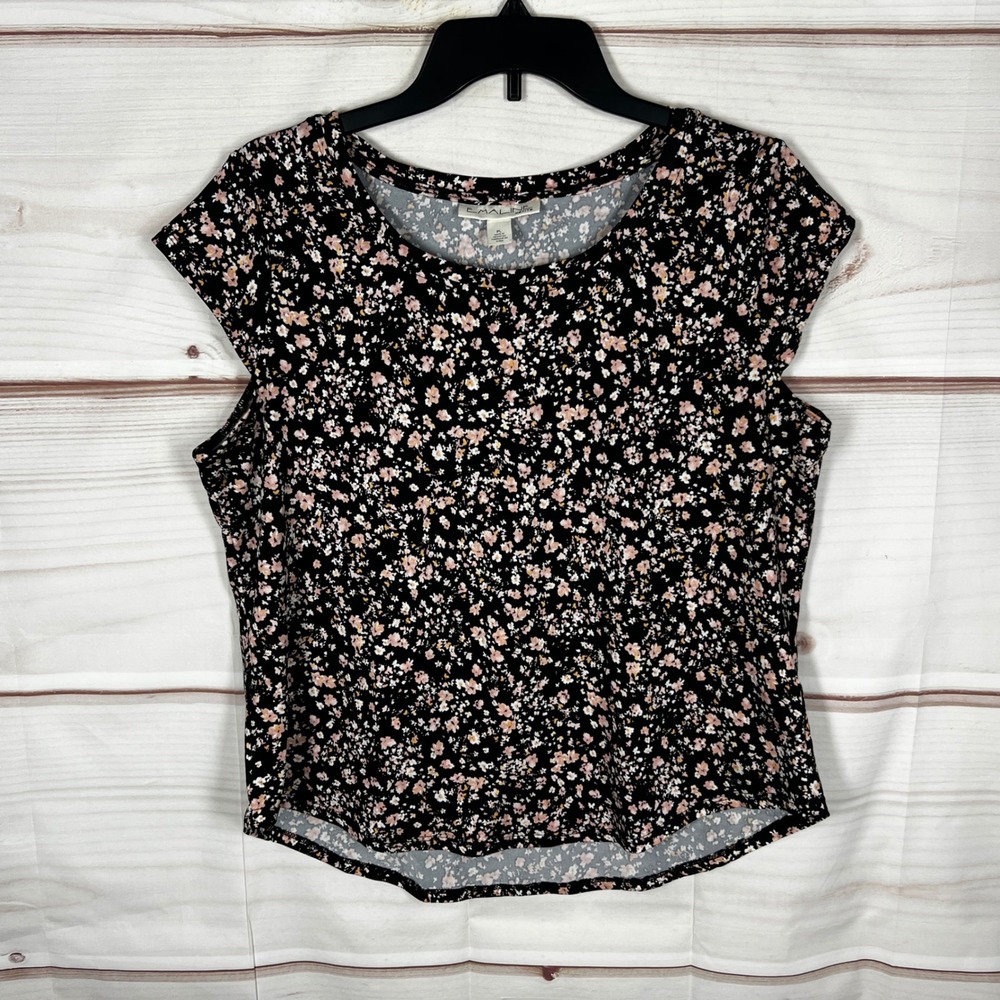Emaline Floral Blouse Womens PL Black Cap Sleeve Top Stretch Round Neck Workwear
